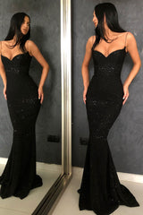 Mermaid V-neck Spaghetti Strap Floor Length Paillette Prom Dress-Ballbella