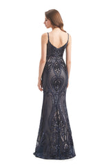 Mermaid V-neck Spaghetti strap Lace Sequined Floor-length Sleeveless Backless Prom Dress-Ballbella