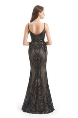 Mermaid V-neck Spaghetti strap Lace Sequined Floor-length Sleeveless Backless Prom Dress-Ballbella