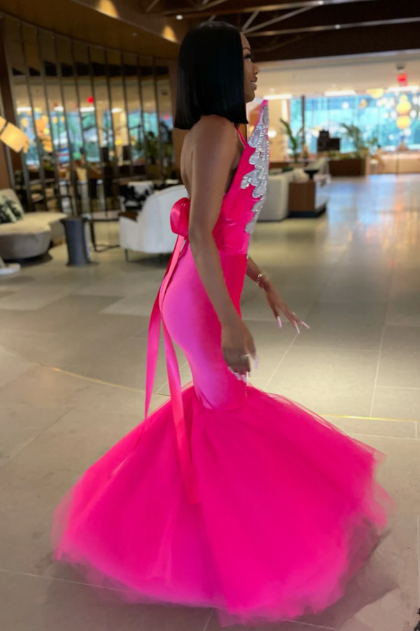 Mermaid V-Neck Staps Floor Length Sleeveless Backless Applique Ruffled Tulle Bowknot Prom Dress-Ballbella