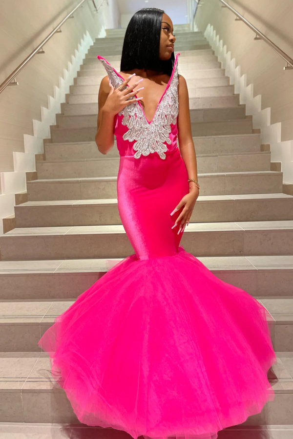 Mermaid V-Neck Staps Floor Length Sleeveless Backless Applique Ruffled Tulle Bowknot Prom Dress-Ballbella