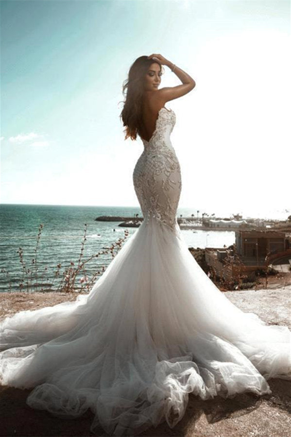 Mermaid V-neck Strapless Sequined Lace Applique Floor-length Sleeveless Open Back Wedding Dress-Ballbella