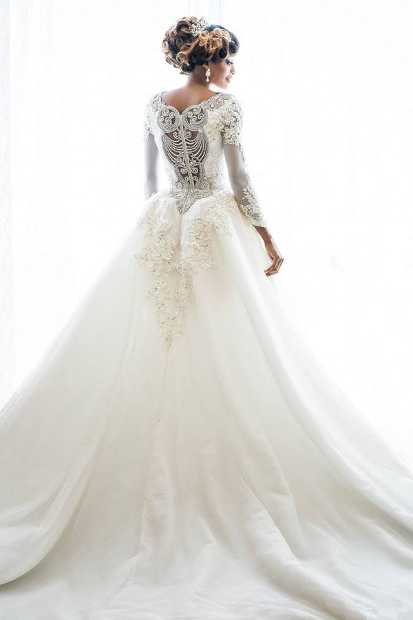 Mermaid Wedding Dresses with Trendy Overskirt Beads Lace Appliques Long Sleeves Bridal Gowns-Ballbella