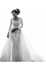 Mermaid Wedding Dresses with Trendy Overskirt Beads Lace Appliques Long Sleeves Bridal Gowns-Ballbella