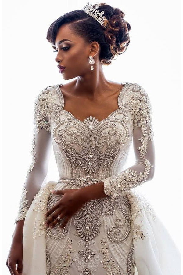 Mermaid Wedding Dresses with Trendy Overskirt Beads Lace Appliques Long Sleeves Bridal Gowns-Ballbella