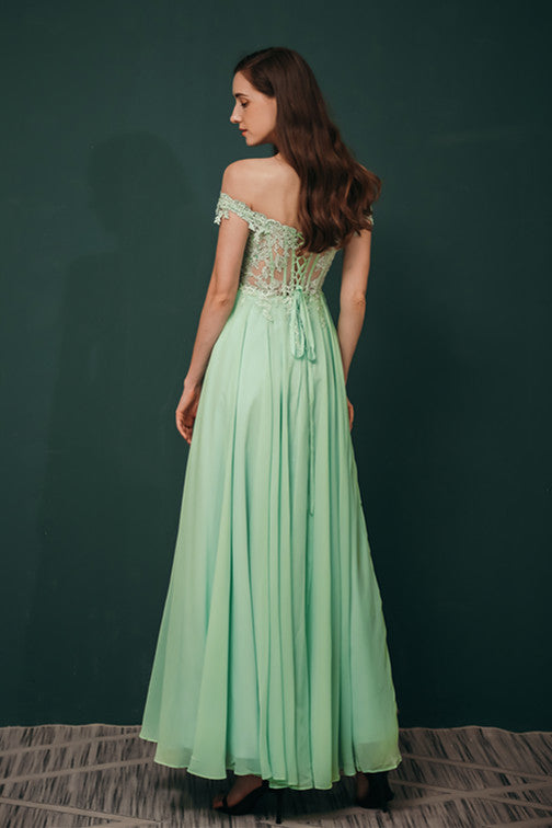 Mint Green Chiffon See-through Off-the-shoulder Lace Evening Dress-Ballbella