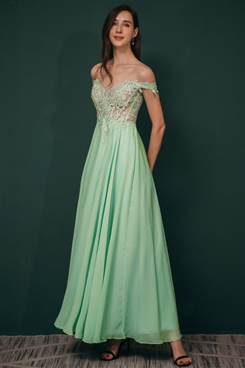 Mint Green Chiffon See-through Off-the-shoulder Lace Evening Dress-Ballbella