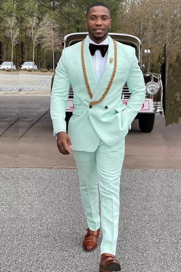 Discover Mint Green Fashion Shawl Lapel Double Breasted Wedding Suits with Appliques with ballbella. Shop for a range of Mint Shawl Lapel Men Suits for every occasion with rush order service in cheap price.