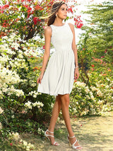 Modern Bateau Applique Sleeveless Short Chiffon Bridesmaid Dresses-Ballbella