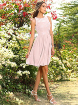 Modern Bateau Applique Sleeveless Short Chiffon Bridesmaid Dresses-Ballbella