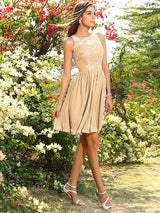 A-Line Charming Bateau Applique Sleeveless Short Chiffon Bridesmaid Dresses