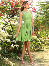 A-Line Charming Bateau Applique Sleeveless Short Chiffon Bridesmaid Dresses