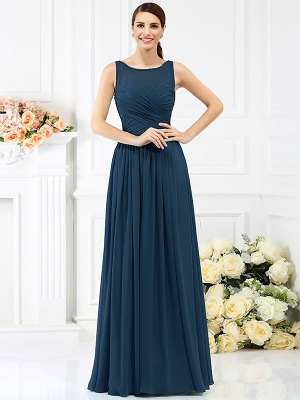 A-Line Charming Bateau Pleats Sleeveless Long Chiffon Bridesmaid Dresses