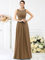 A-Line Charming Bateau Pleats Sleeveless Long Chiffon Bridesmaid Dresses