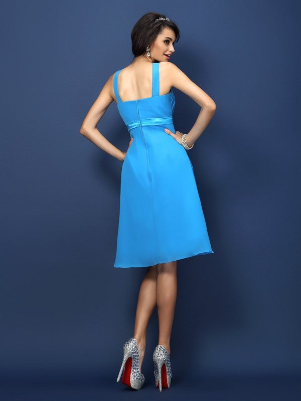 A-Line Charming Bateau Sash/Ribbon/Belt Sleeveless Short Chiffon Bridesmaid Dresses