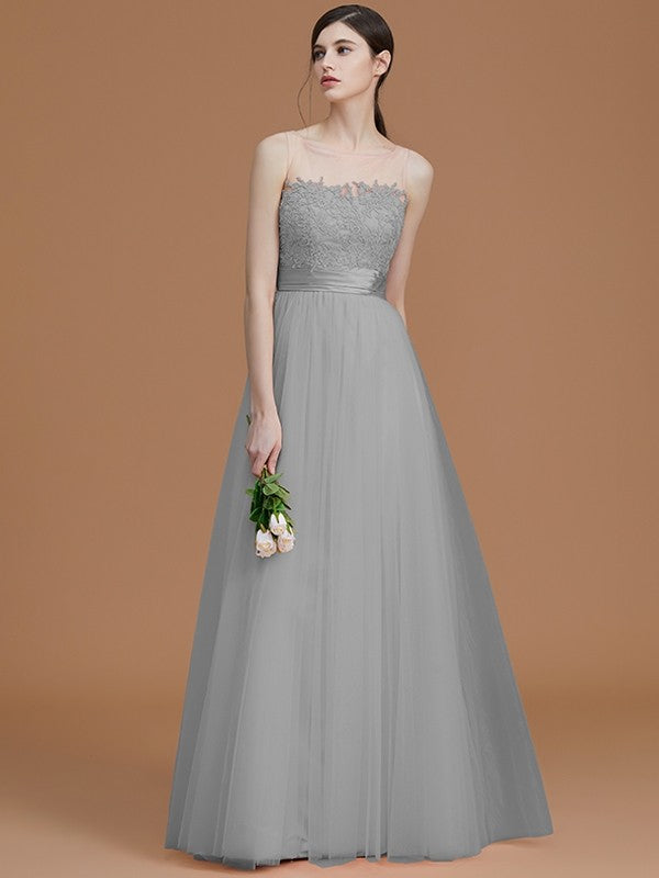 A-Line Charming Bateau Sleeveless Applique Tulle Bridesmaid Dresses