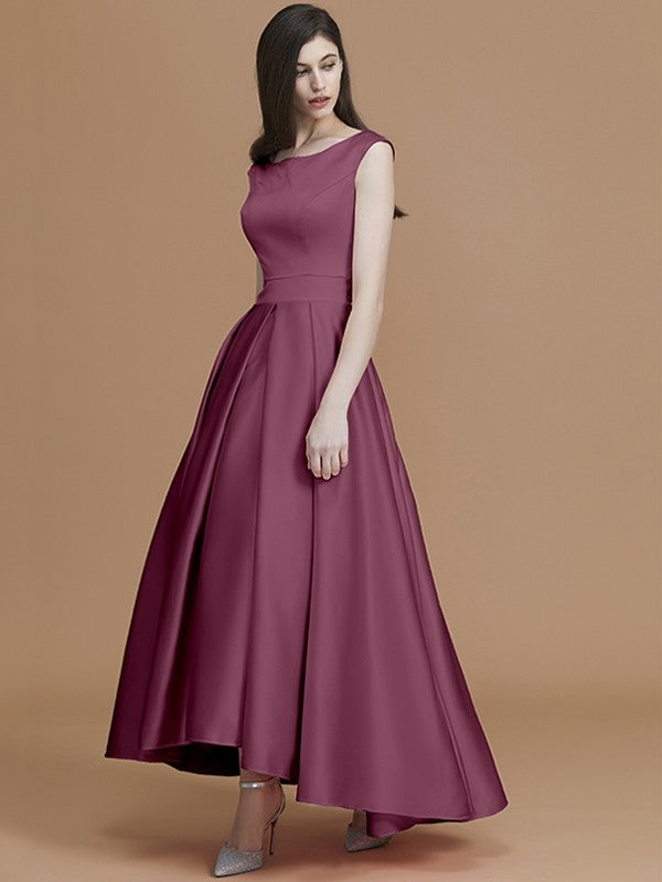 A-Line Charming Bateau Sleeveless Asymmetrical Ruffles Satin Bridesmaid Dresses