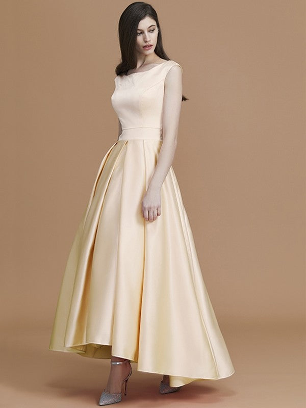 A-Line Charming Bateau Sleeveless Asymmetrical Ruffles Satin Bridesmaid Dresses