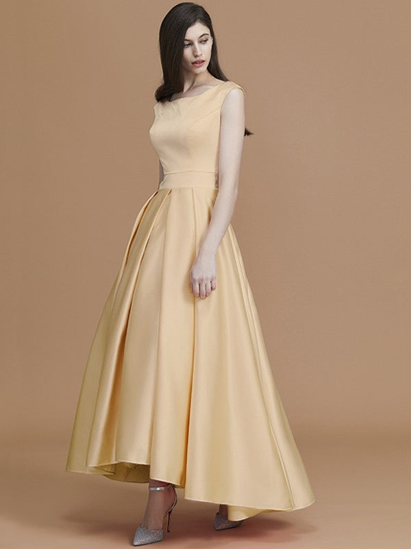 A-Line Charming Bateau Sleeveless Asymmetrical Ruffles Satin Bridesmaid Dresses