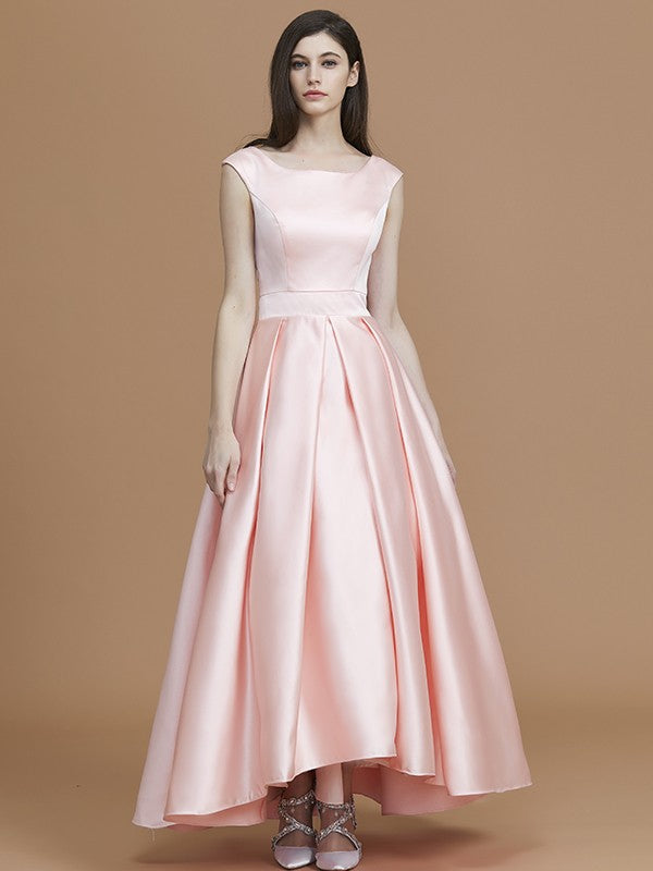 A-Line Charming Bateau Sleeveless Asymmetrical Ruffles Satin Bridesmaid Dresses