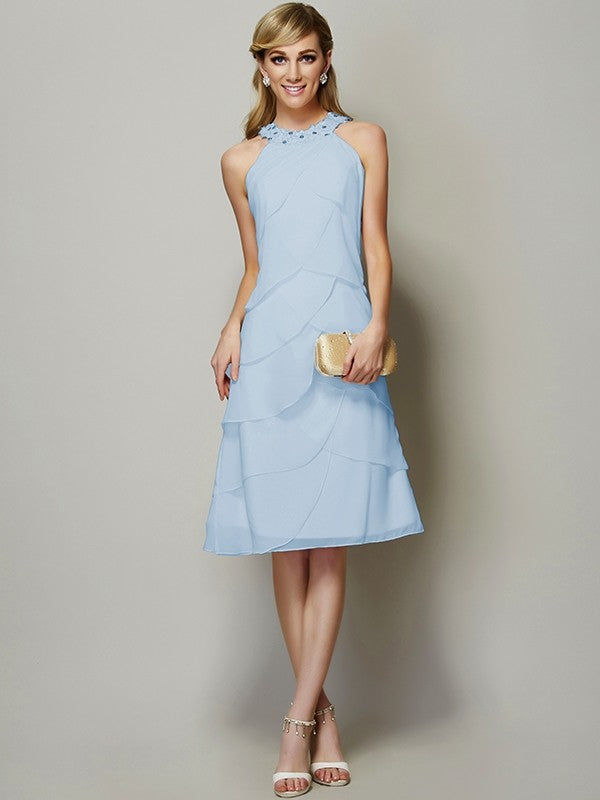 Modern Bateau Sleeveless Beading Short Chiffon Bridesmaid Dresses-Ballbella