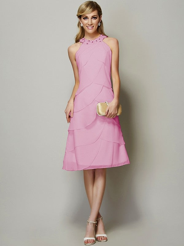 Modern Bateau Sleeveless Beading Short Chiffon Bridesmaid Dresses-Ballbella