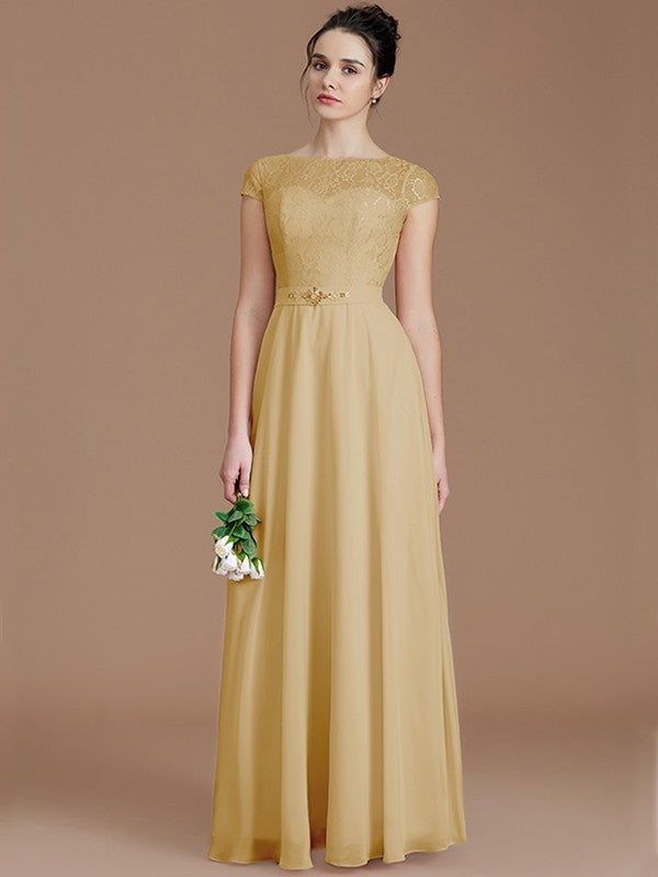 Modern Bateau Sleeveless Lace Chiffon Bridesmaid Dresses-Ballbella