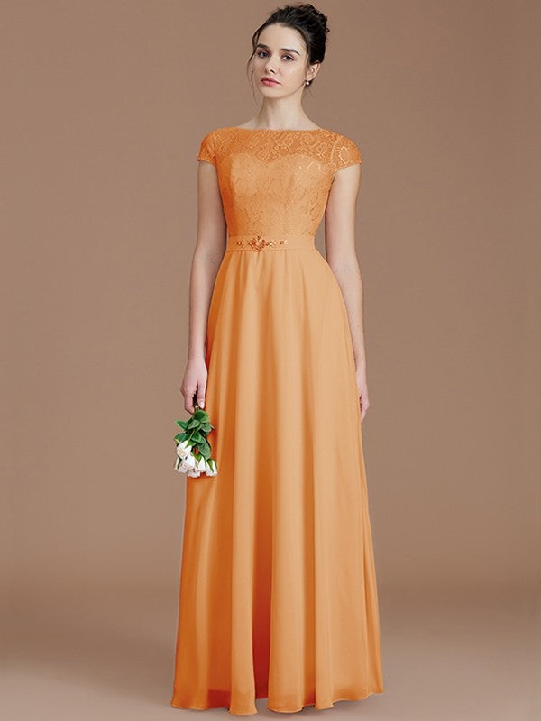 Modern Bateau Sleeveless Lace Chiffon Bridesmaid Dresses-Ballbella