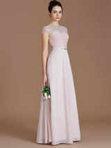 Modern Bateau Sleeveless Lace Chiffon Bridesmaid Dresses-Ballbella