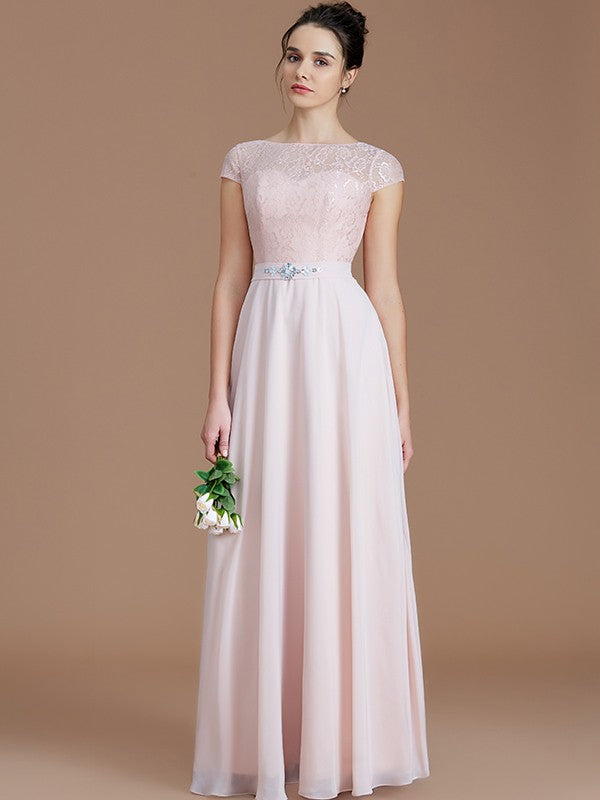 Modern Bateau Sleeveless Lace Chiffon Bridesmaid Dresses-Ballbella