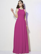 A-Line Charming Bateau Sleeveless Pleats Long Chiffon Bridesmaid Dresses