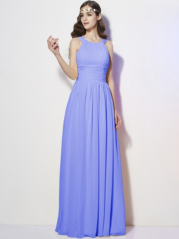 A-Line Charming Bateau Sleeveless Pleats Long Chiffon Bridesmaid Dresses