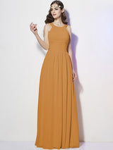 A-Line Charming Bateau Sleeveless Pleats Long Chiffon Bridesmaid Dresses