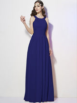 A-Line Charming Bateau Sleeveless Pleats Long Chiffon Bridesmaid Dresses