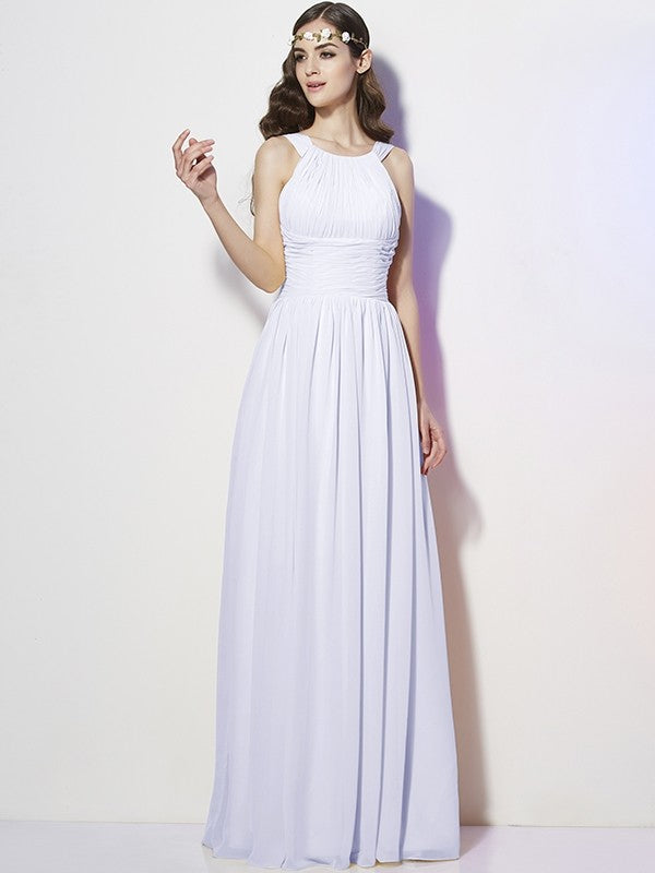 A-Line Charming Bateau Sleeveless Pleats Long Chiffon Bridesmaid Dresses