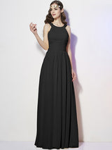 A-Line Charming Bateau Sleeveless Pleats Long Chiffon Bridesmaid Dresses