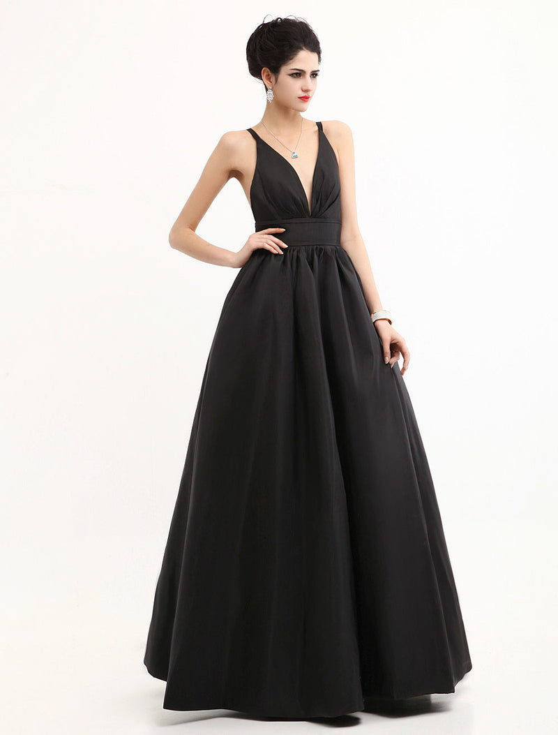 Modern Celebrity Dresses Black Oscar Evening Dress Straps Backless Deep V Taffeta Dress-Ballbella