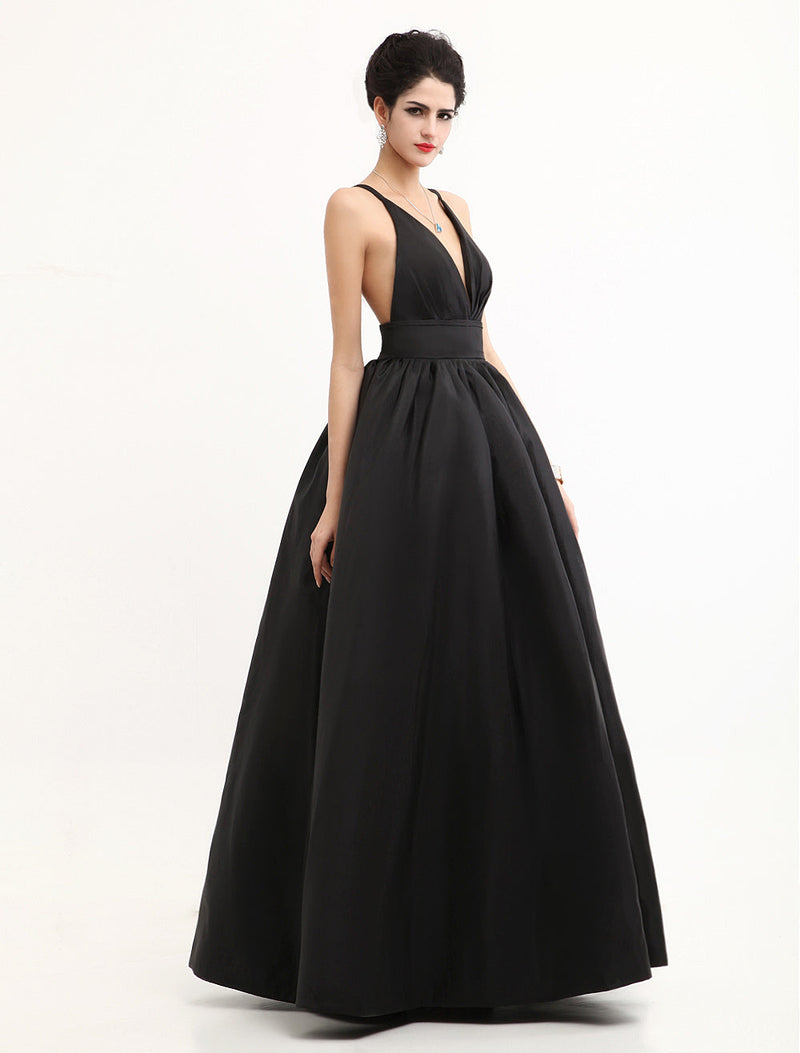 Modern Celebrity Dresses Black Oscar Evening Dress Straps Backless Deep V Taffeta Dress-Ballbella