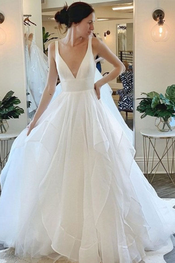 Modern Deep V neck Sleeveless White Tulle Wedding Dresses with Ruffless-Ballbella