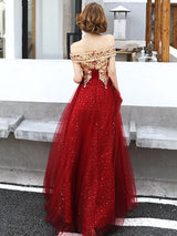 Modern Evening Dress A-Line Bateau Neck Tulle Floor-Length Sequins Sequined Dress-Ballbella