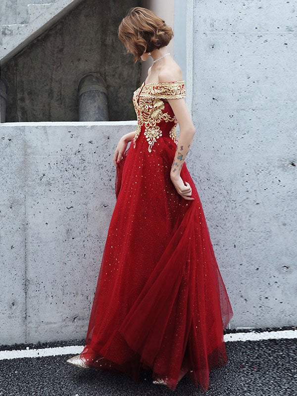 Modern Evening Dress A-Line Bateau Neck Tulle Floor-Length Sequins Sequined Dress-Ballbella