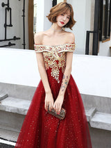 Modern Evening Dress A-Line Bateau Neck Tulle Floor-Length Sequins Sequined Dress-Ballbella