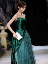 Modern Evening Dress A-Line Strapless Satin Fabric Floor-Length Pleated Formal Party Dresses Forest Green Pageant Dress-Ballbella