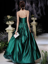 Modern Evening Dress A-Line Strapless Satin Fabric Floor-Length Pleated Formal Party Dresses Forest Green Pageant Dress-Ballbella