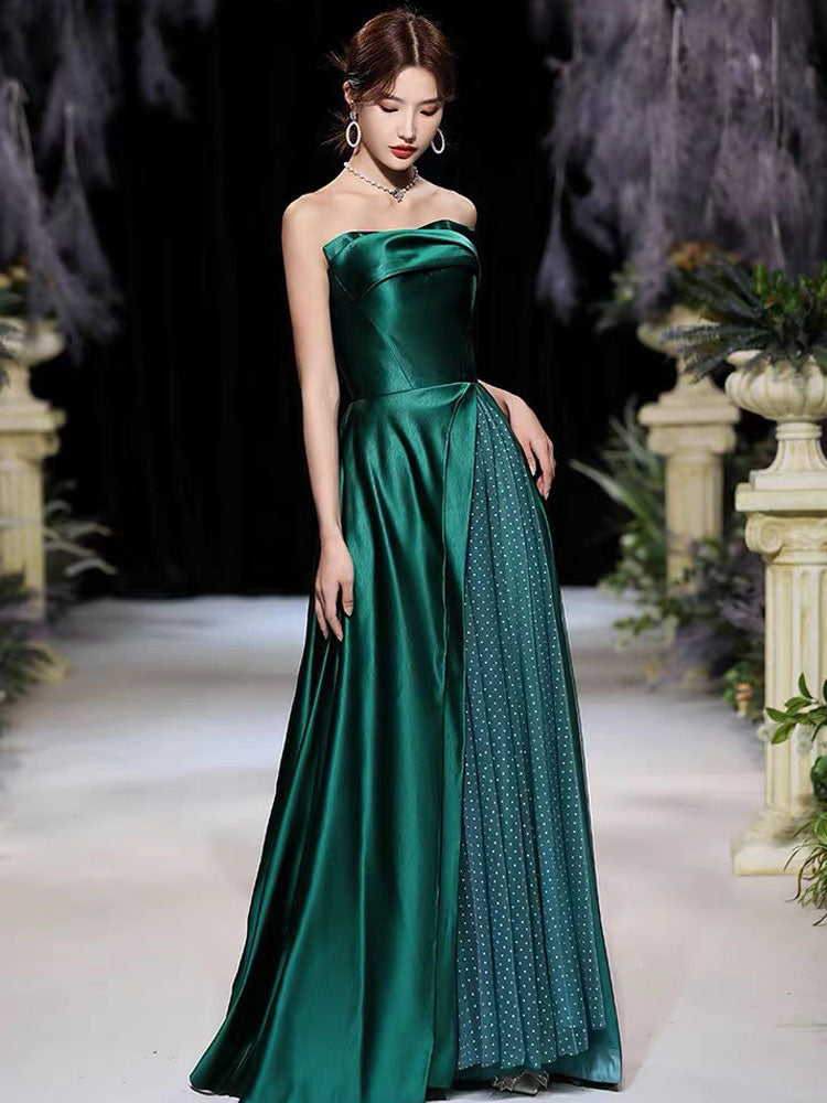 Modern Evening Dress A-Line Strapless Satin Fabric Floor-Length Pleated Formal Party Dresses Forest Green Pageant Dress-Ballbella