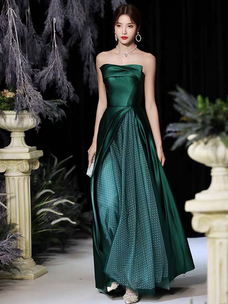 Modern Evening Dress A-Line Strapless Satin Fabric Floor-Length Pleated Formal Party Dresses Forest Green Pageant Dress-Ballbella