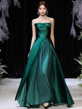 Modern Evening Dress A-Line Strapless Satin Fabric Floor-Length Pleated Formal Party Dresses Forest Green Pageant Dress-Ballbella