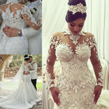 Modern Long Sleeves High Neck Lace Wedding Dress Bridal Gown-Ballbella