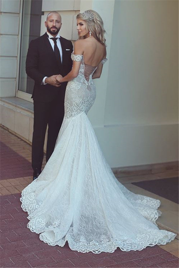 Modern Mermaid Lace Off the Shoulder Wedding Dresses Open Back Bridal Gowns-Ballbella