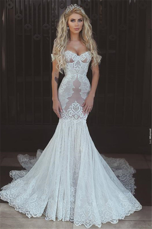 Modern Mermaid Lace Off the Shoulder Wedding Dresses Open Back Bridal Gowns-Ballbella